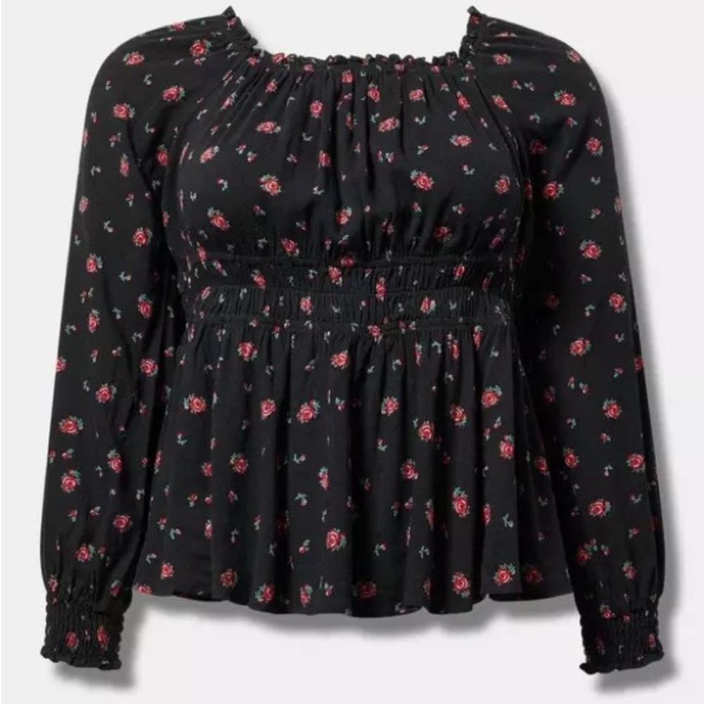 NWT- Torrid Black Floral Smocked Rayon Peplum Blouse – Size 1